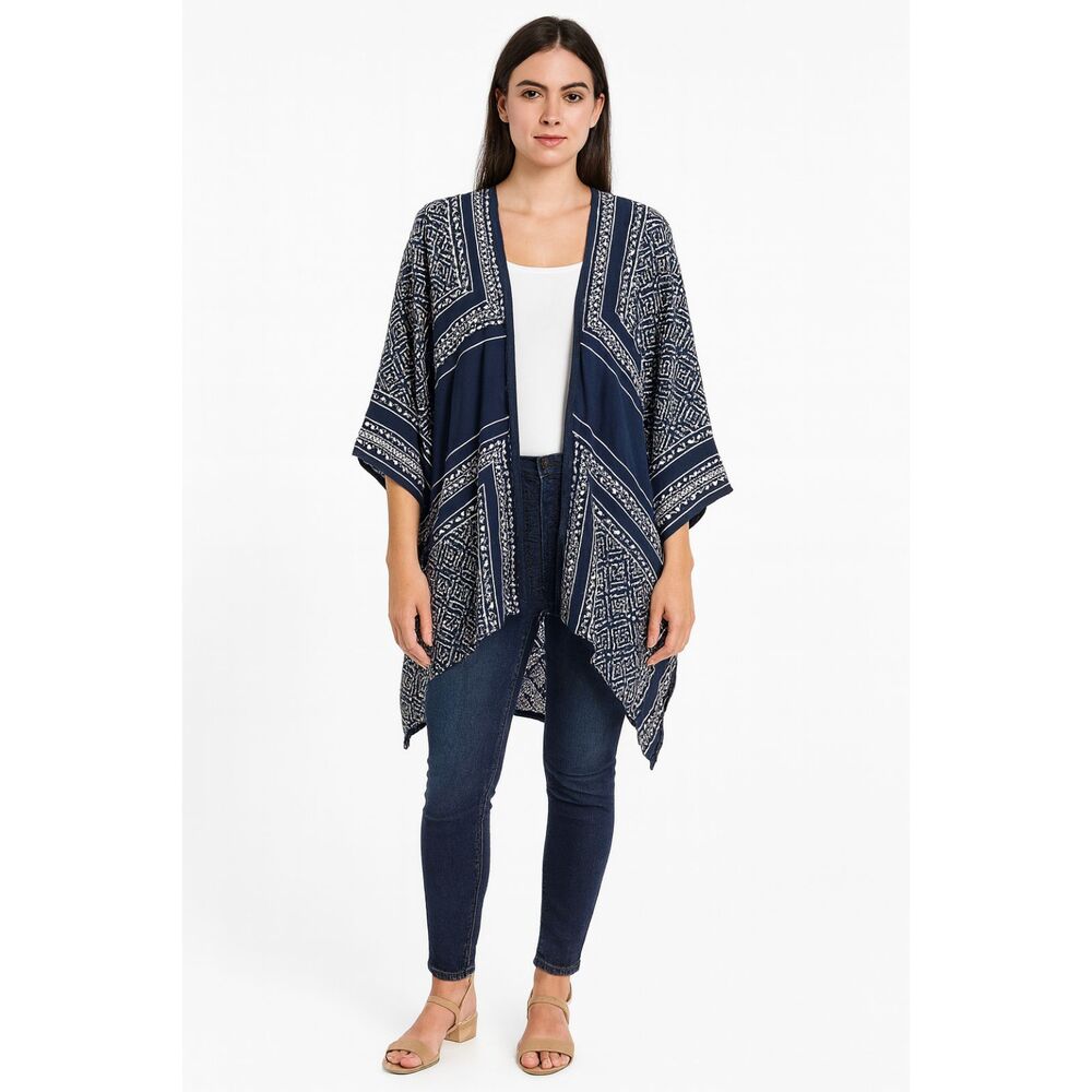 World Market Navy Lace Open Cardigan OS Boho Coastal Grandmother Kimono Blue